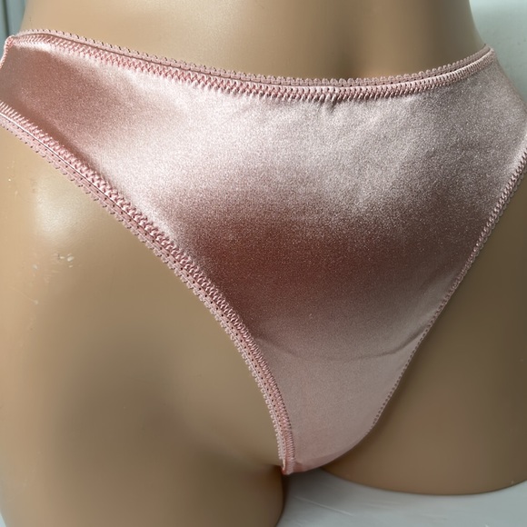 LAST ONE! Silky Satin Vintage Inspired High Leg Stretch Blush Pink Thong Panty - Picture 3 of 14